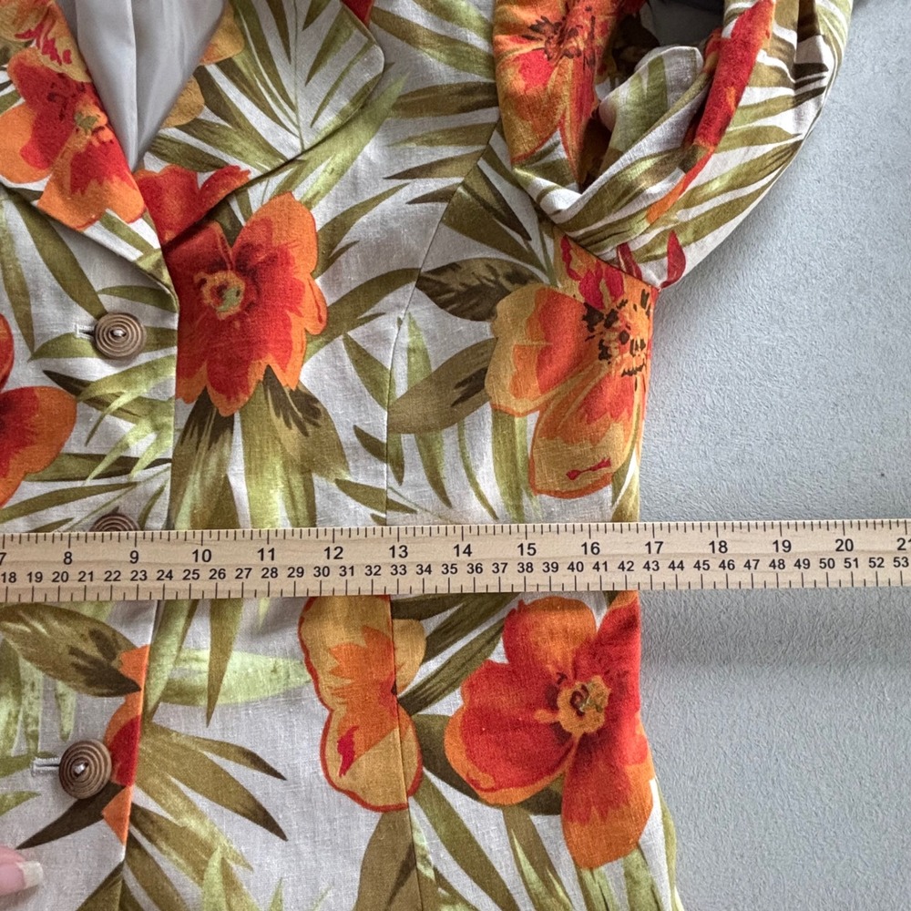 Le Suit Womens 6 Tropical Floral Linen Blend Blazer Orange Green Hibiscus Jacket - Picture 8 of 10